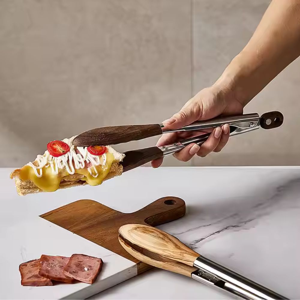 Vionara - Pinces de cuisine en acier inox et bois texturé, lot de 2 | Vionara