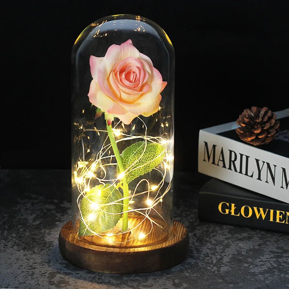 Vionara - Rose préservée sous cloche en verre avec éclairage LED | Vionara