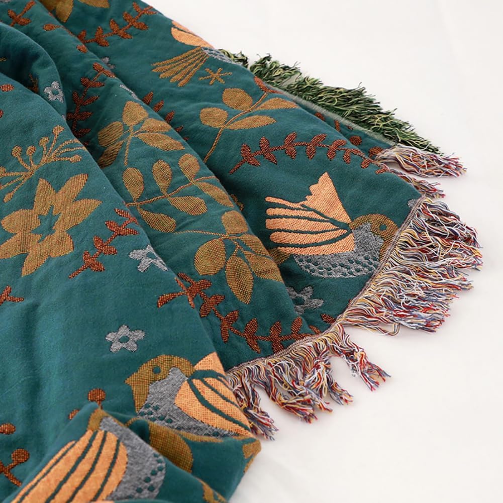 Vionara - Plaid décoratif en coton gaufré à motifs floraux et oiseaux | Vionara