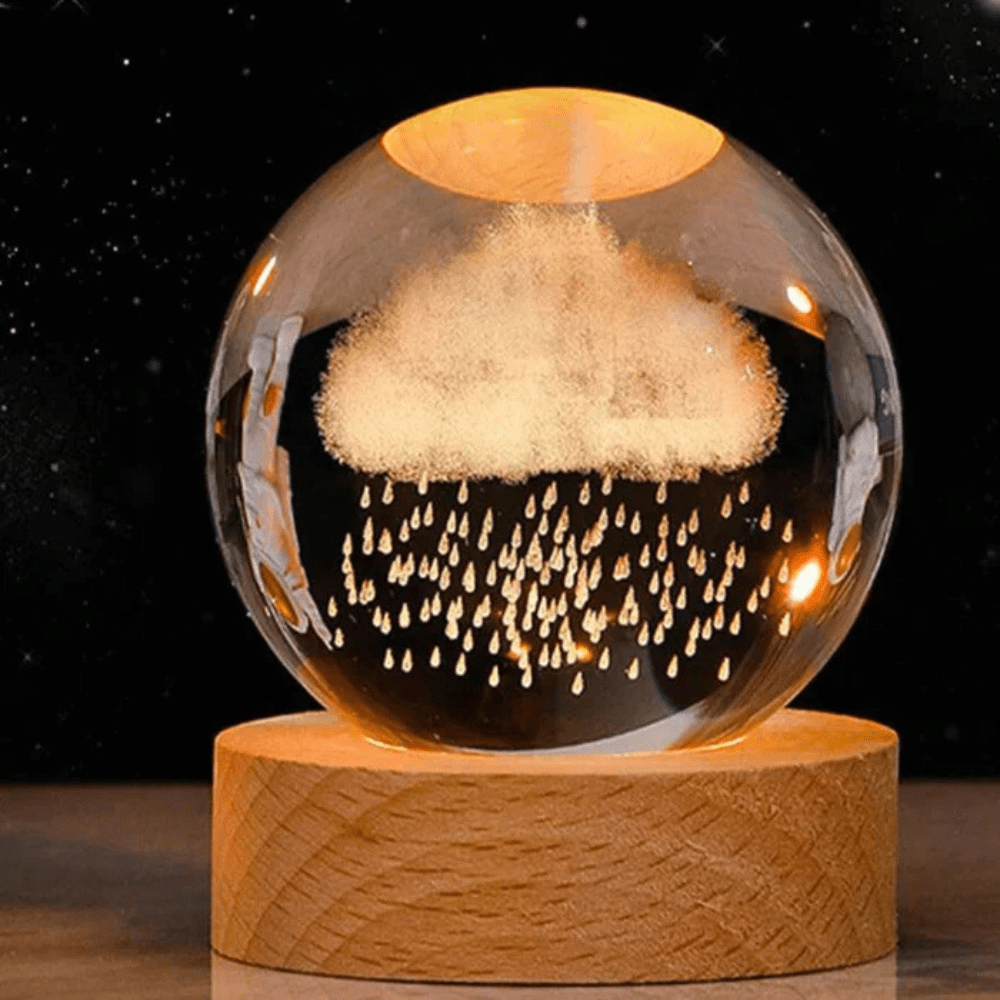 Vionara - Boule lumineuse gravée en verre sur socle en bois | Vionara