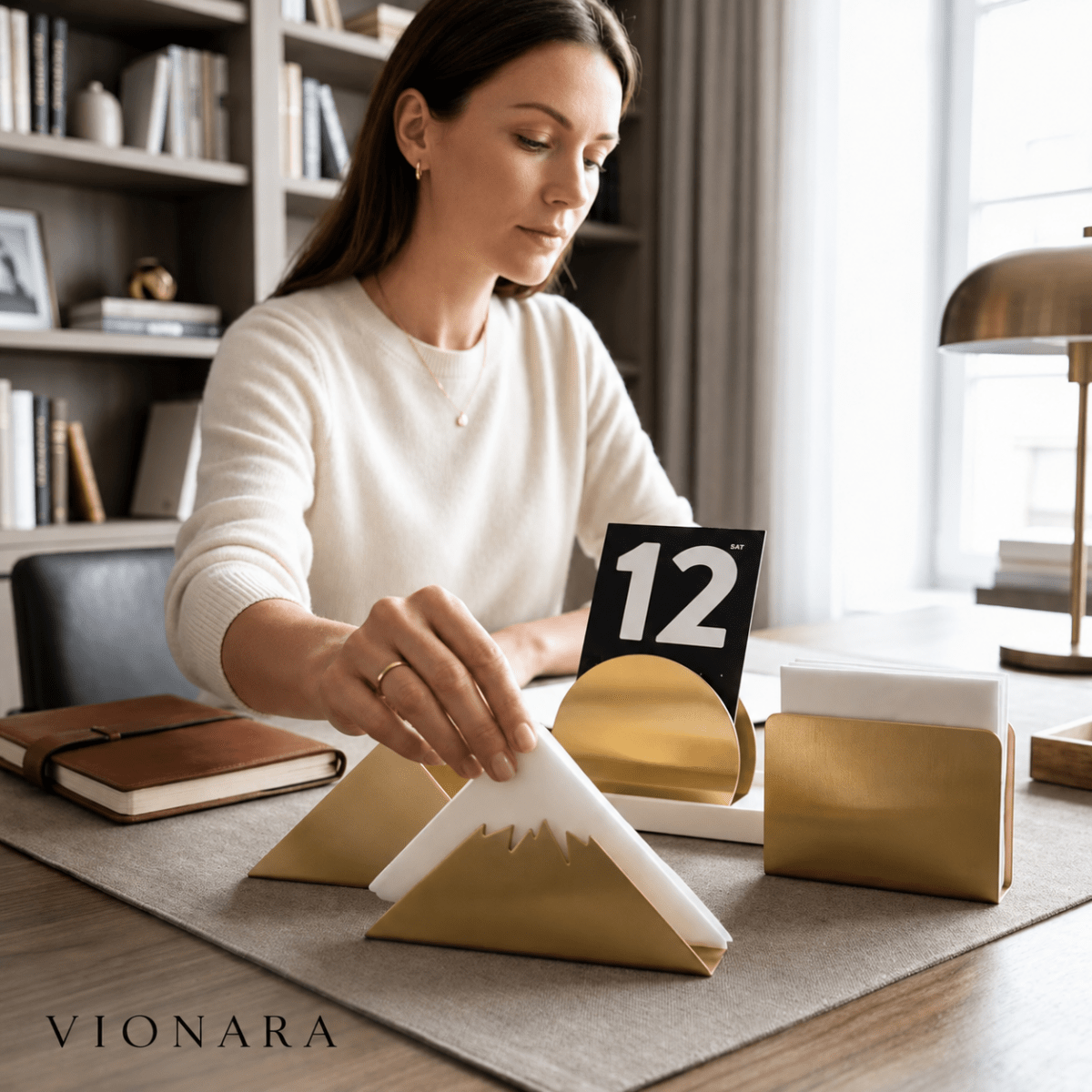 Vionara - Porte-serviettes de table en acier doré au design sculptural | Vionara