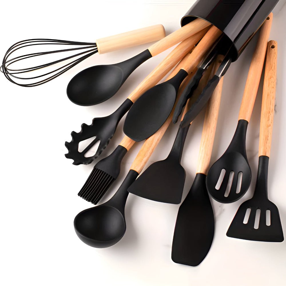 Vionara - Ensemble ustensiles cuisine 12 pièces en silicone et bambou | Vionara