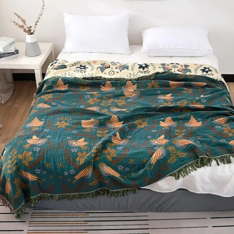 Vionara - Plaid décoratif en coton gaufré à motifs floraux et oiseaux | Vionara