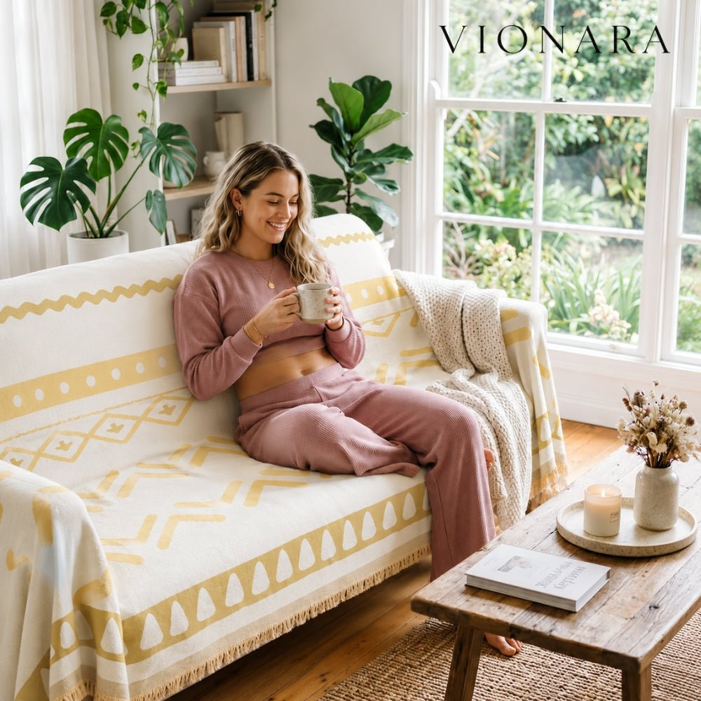 Vionara - Housse de canapé réversible en chenille – Motif bohème texturé | Vionara