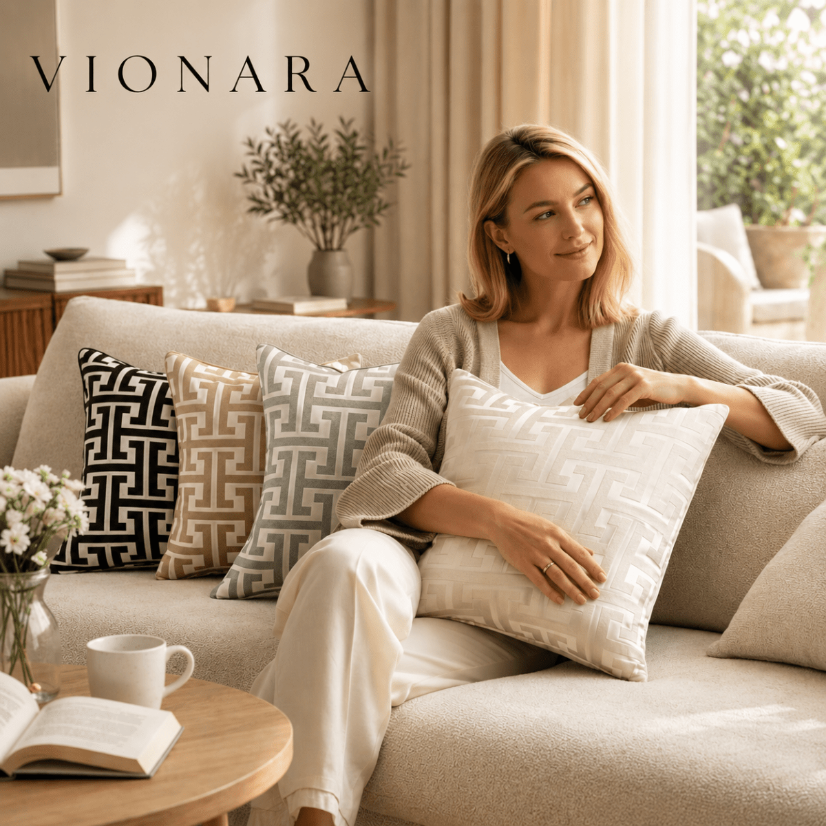 Vionara - Housse de coussin jacquard en velours texturé 45×45 cm