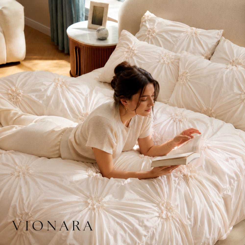 Vionara - Housse de couette texturée à plis floraux en coton mélangé | Vionara