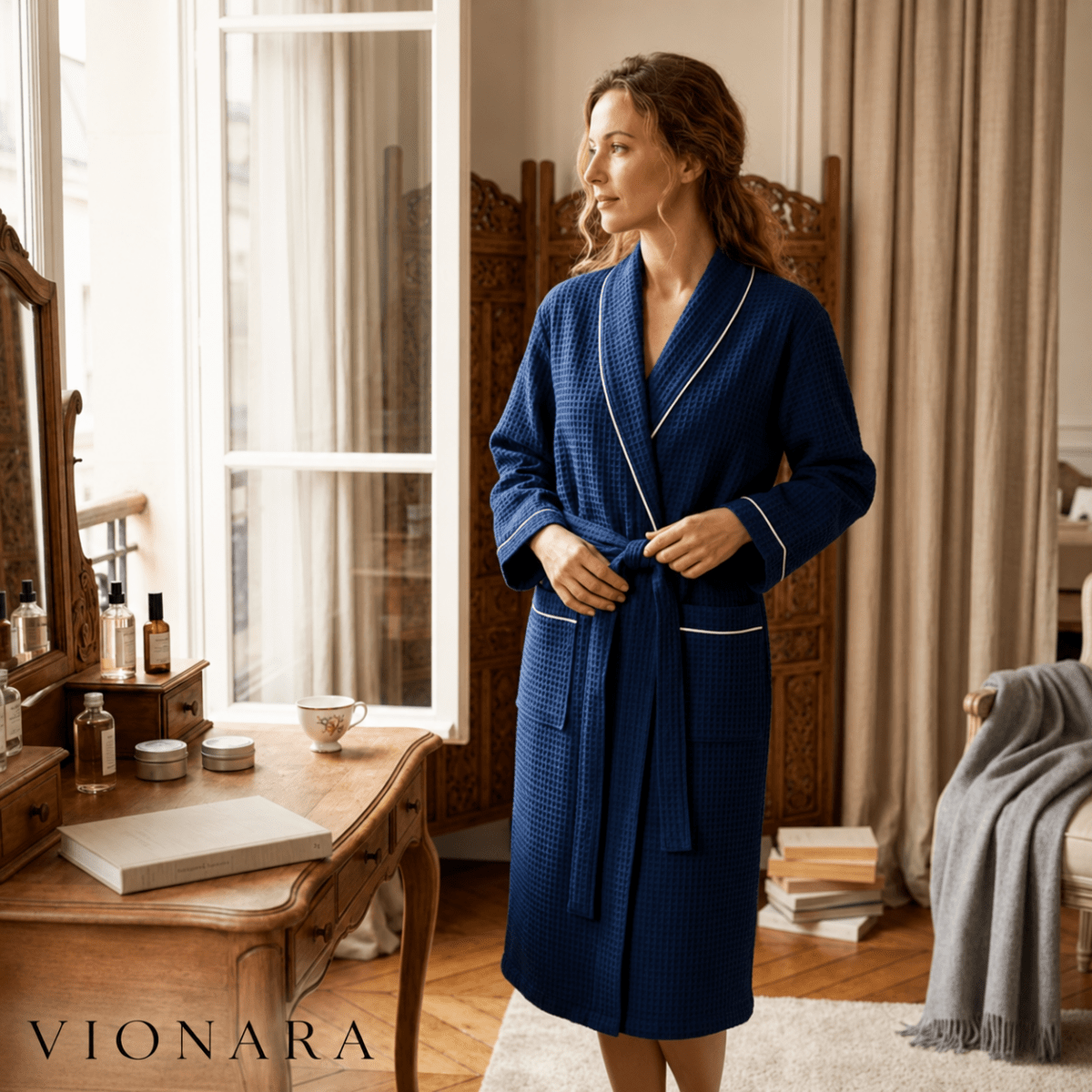 Vionara - Peignoir en coton gaufré, doux et absorbant pour salle de bain