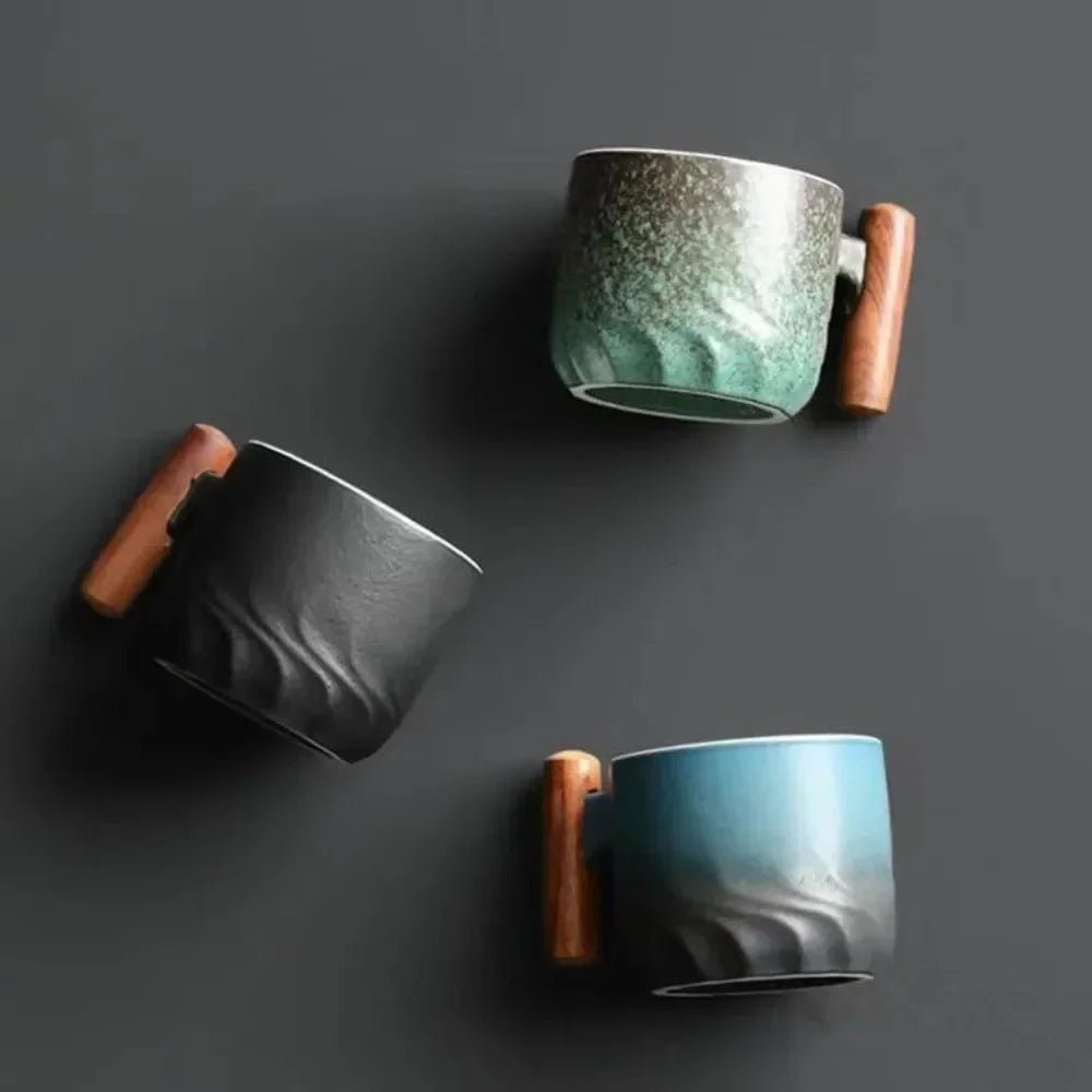 Vionara - Tasse à espresso vintage en céramique avec poignée en bois
