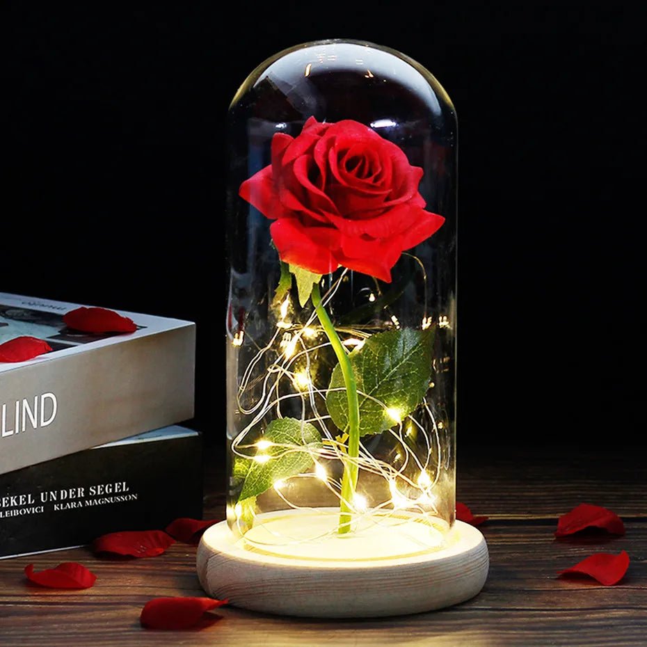 Vionara - Rose préservée sous cloche en verre avec éclairage LED | Vionara