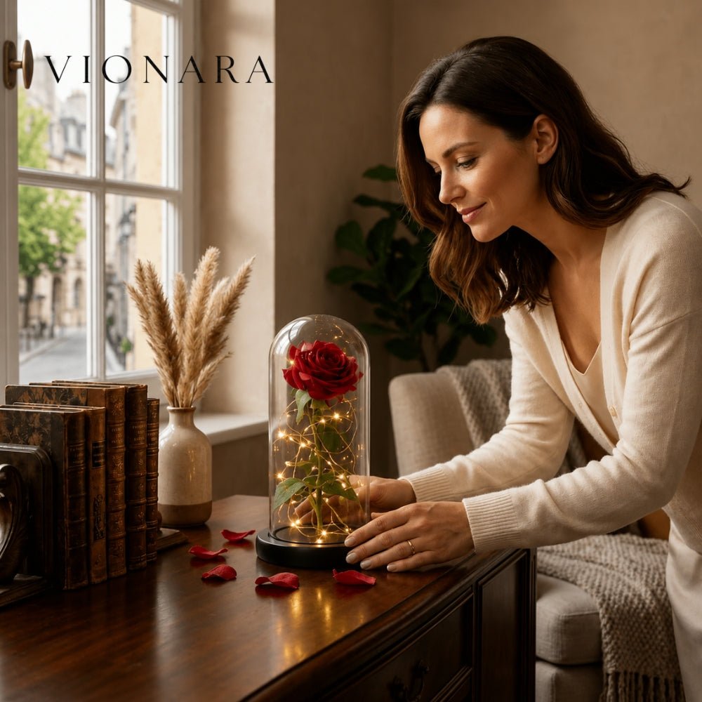 Vionara - Rose préservée sous cloche en verre avec éclairage LED | Vionara