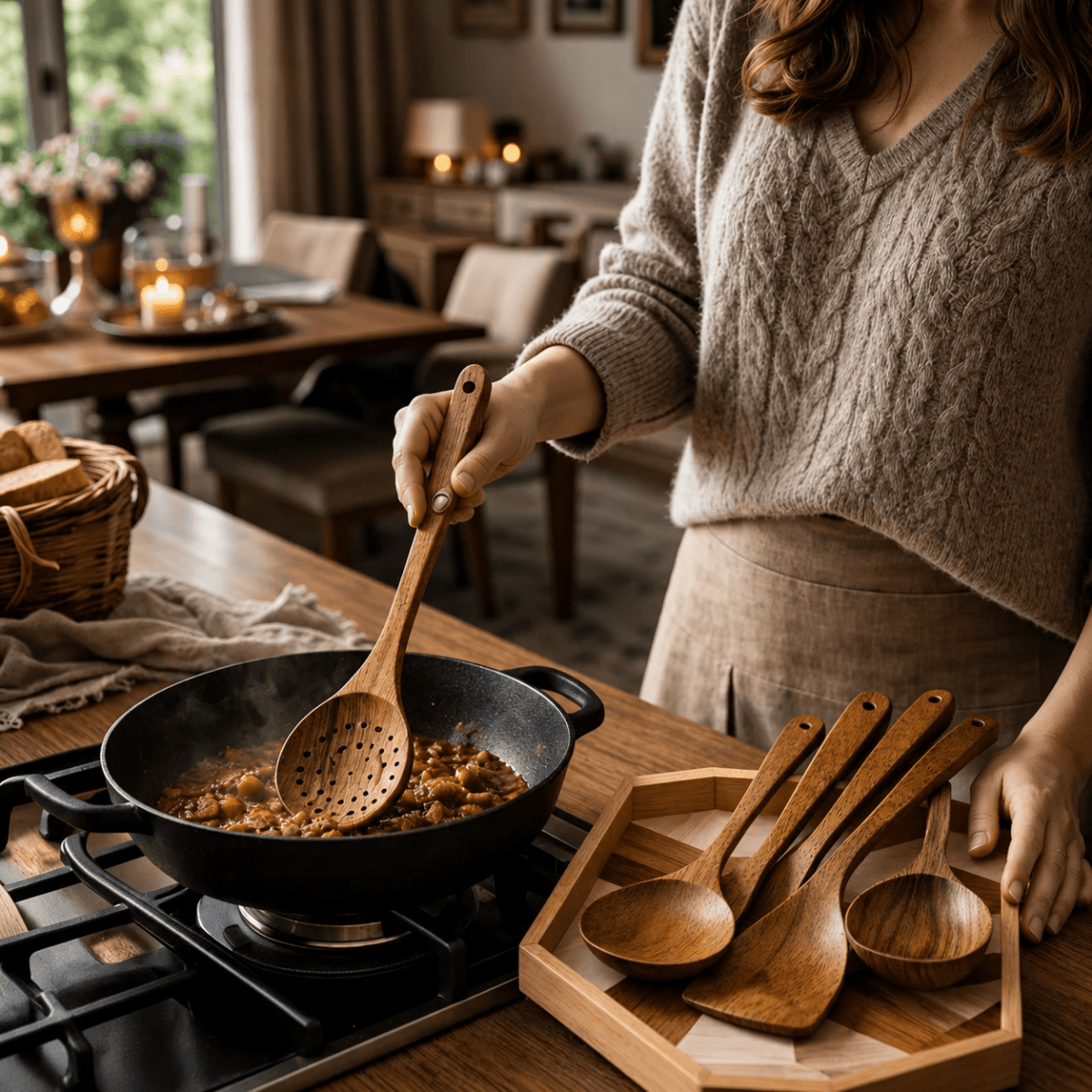 Vionara - Set d’ustensiles de cuisine en bois naturel (5 pièces) | Vionara