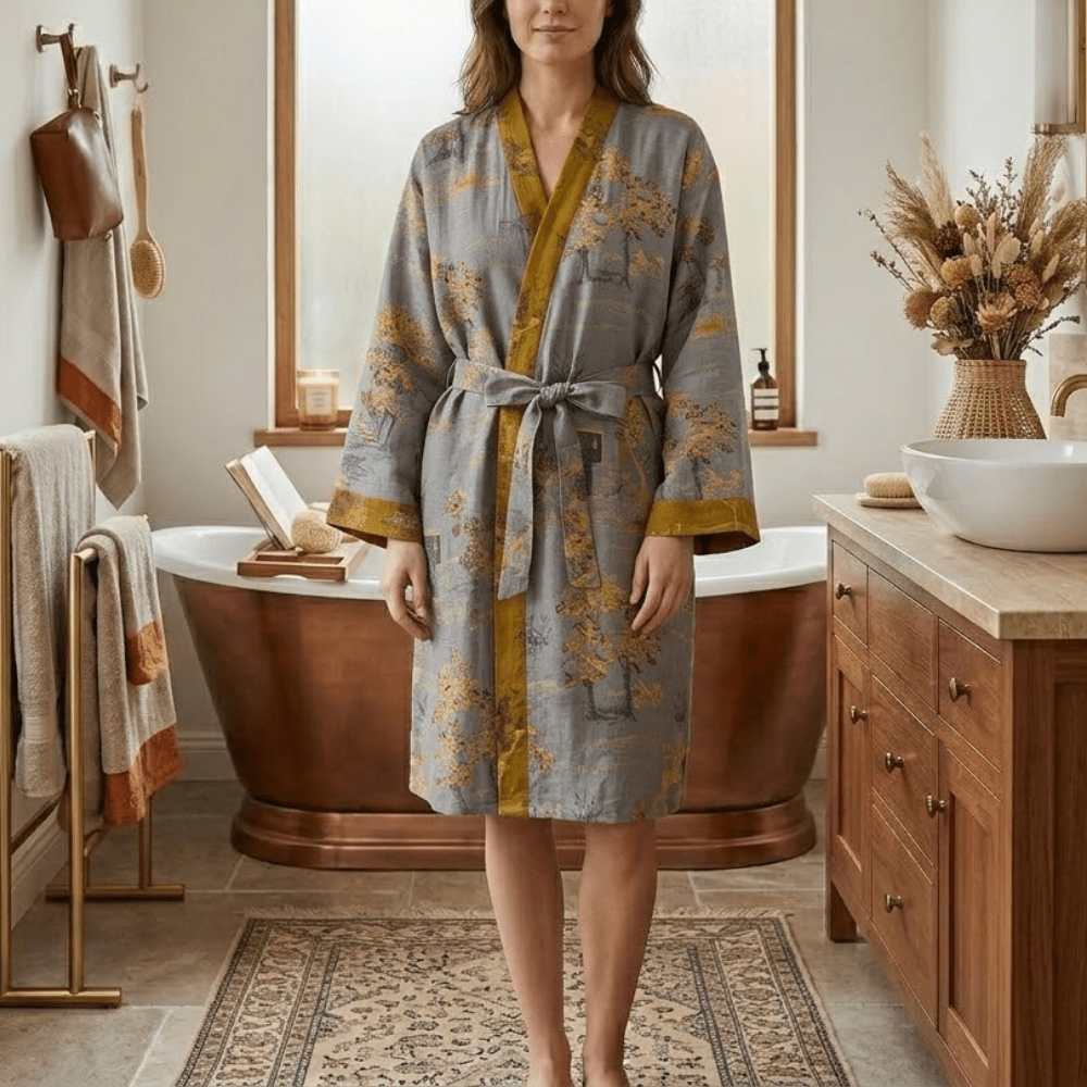 Vionara - Peignoir kimono en coton gaufré naturel à coupe ample | Vionara