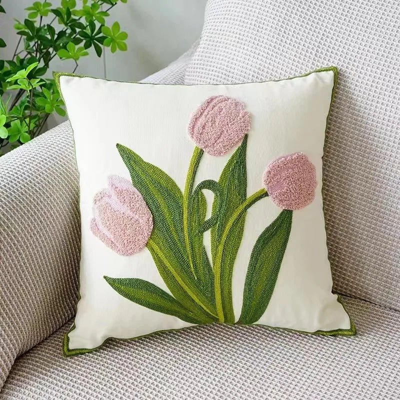 Vionara - Housse de coussin en coton brodé – Motif floral rustique | Vionara
