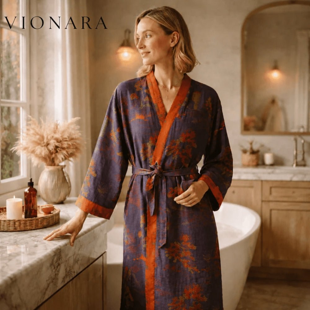 Vionara - Peignoir kimono en coton gaufré naturel à coupe ample | Vionara