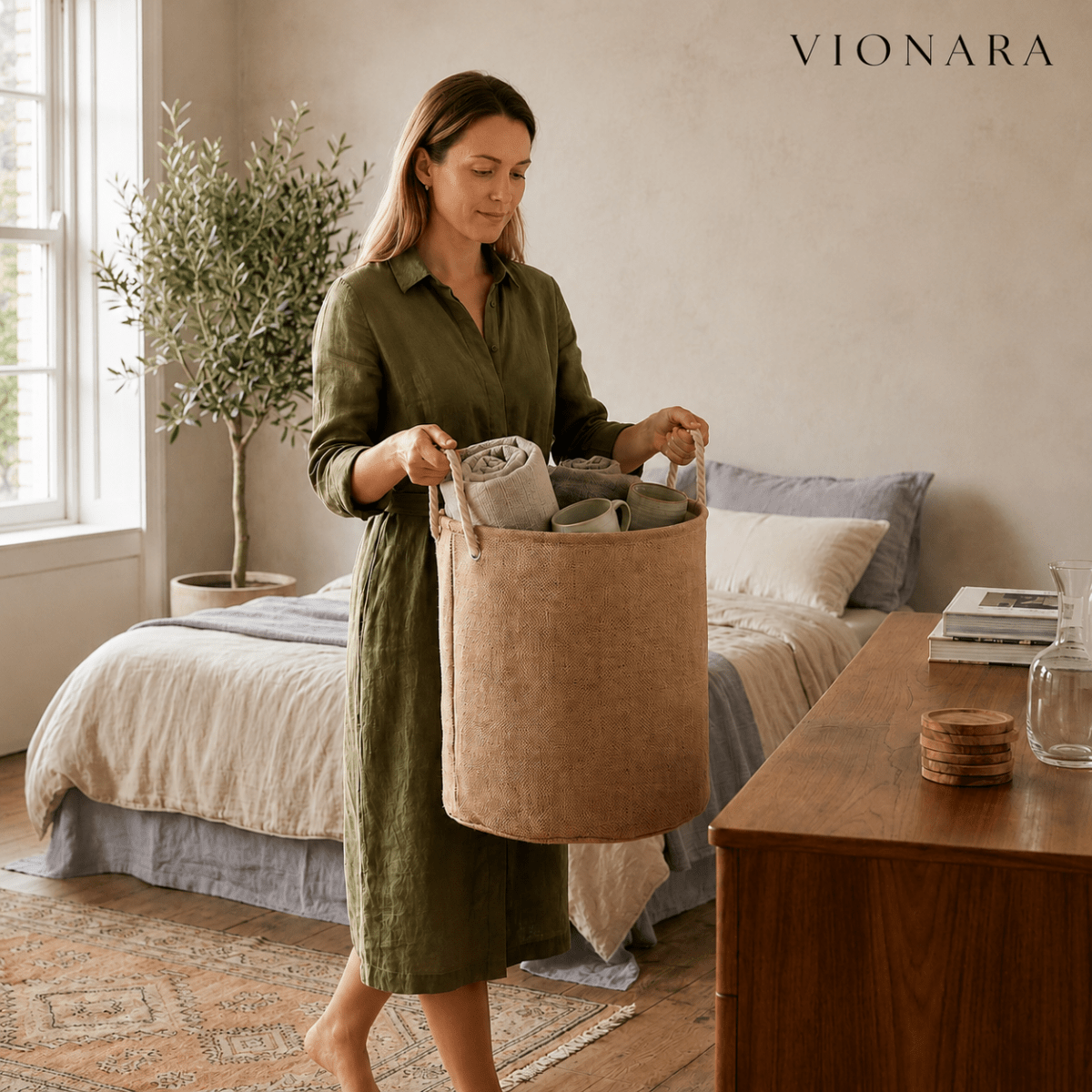 Vionara - Panier à linge pliable en coton-lin imperméable