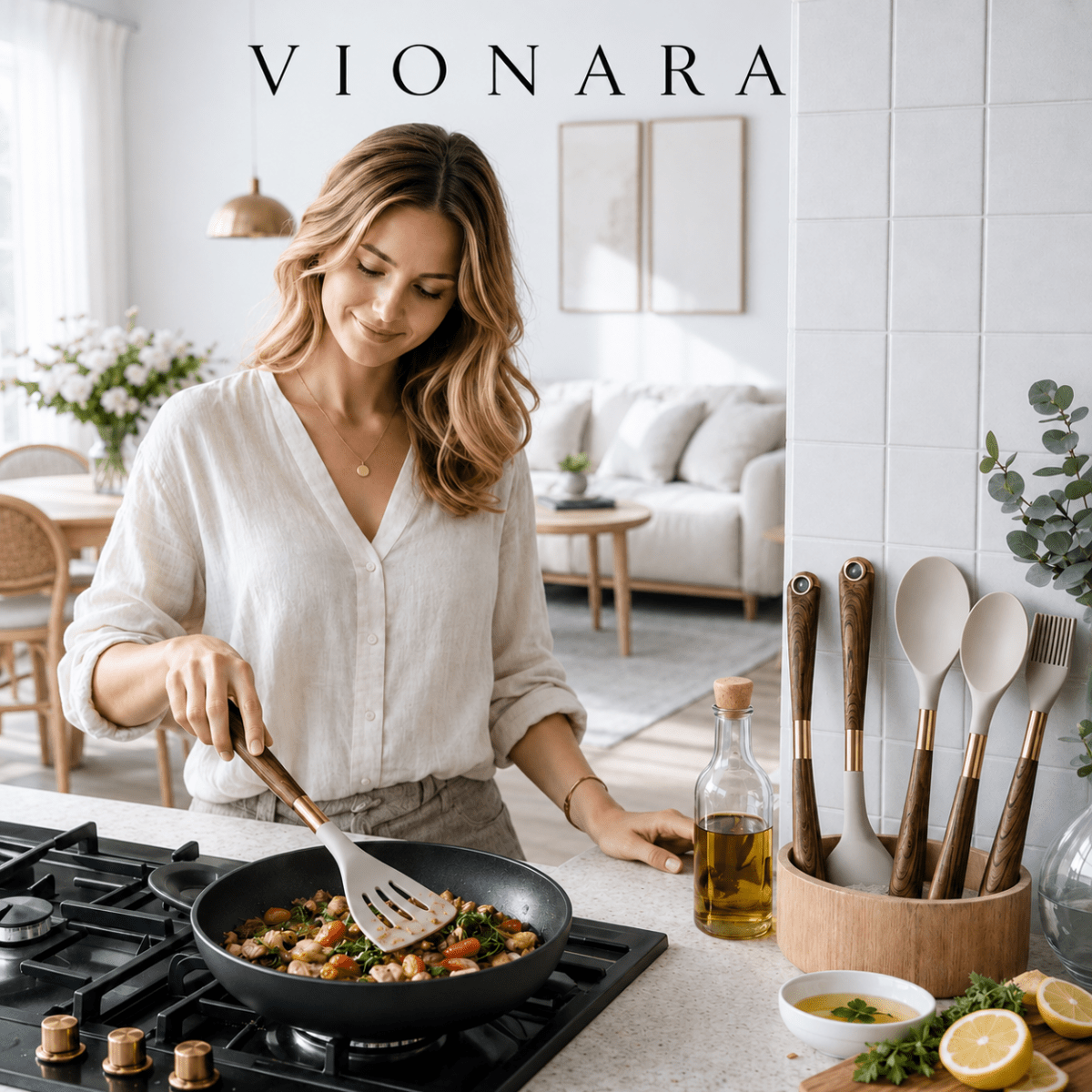 Vionara - Ensemble d’ustensiles 11 pièces silicone bois et or | Vionara