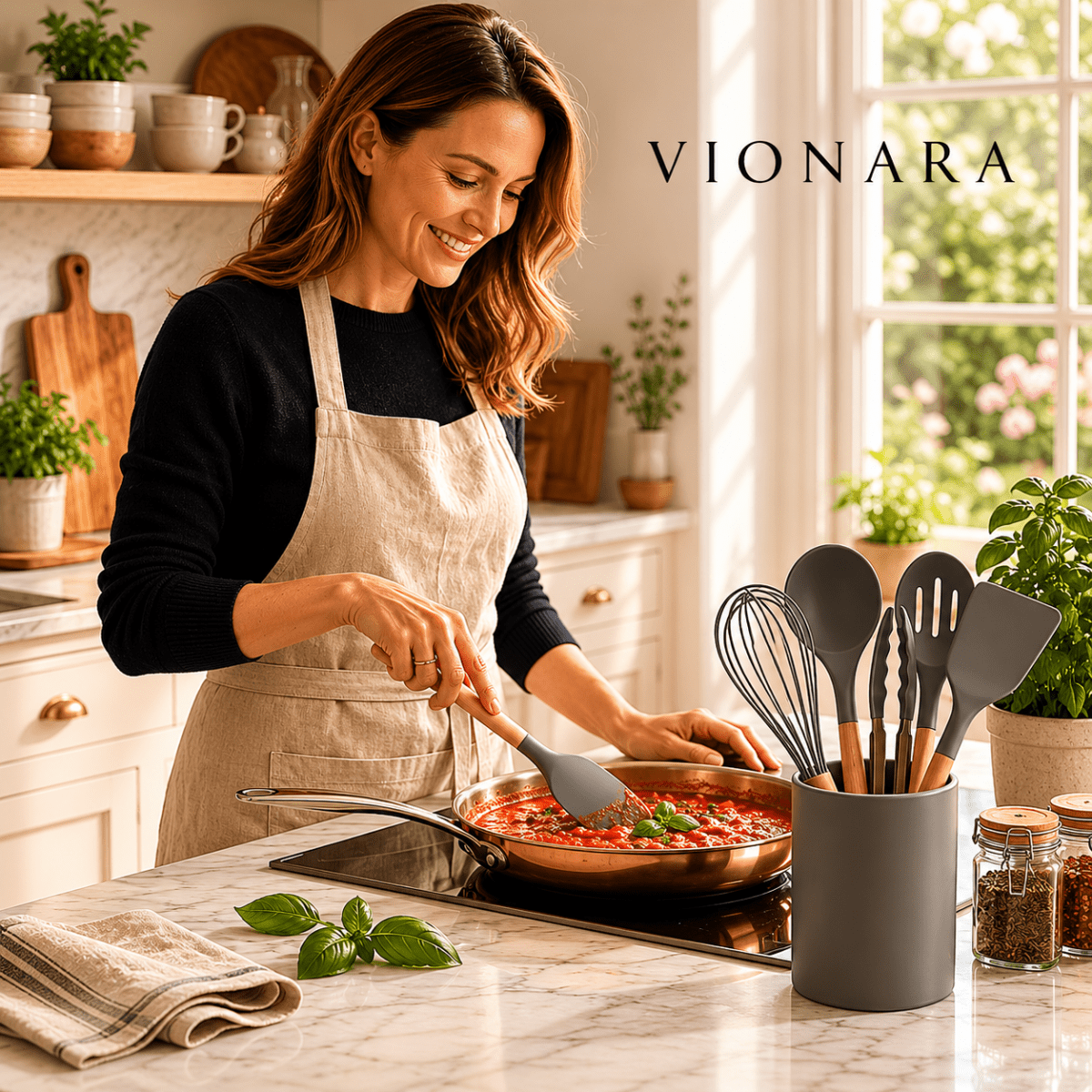 Vionara - Ensemble ustensiles cuisine 12 pièces en silicone et bambou | Vionara