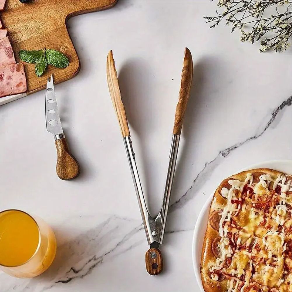 Vionara - Pinces de cuisine en acier inox et bois texturé, lot de 2 | Vionara
