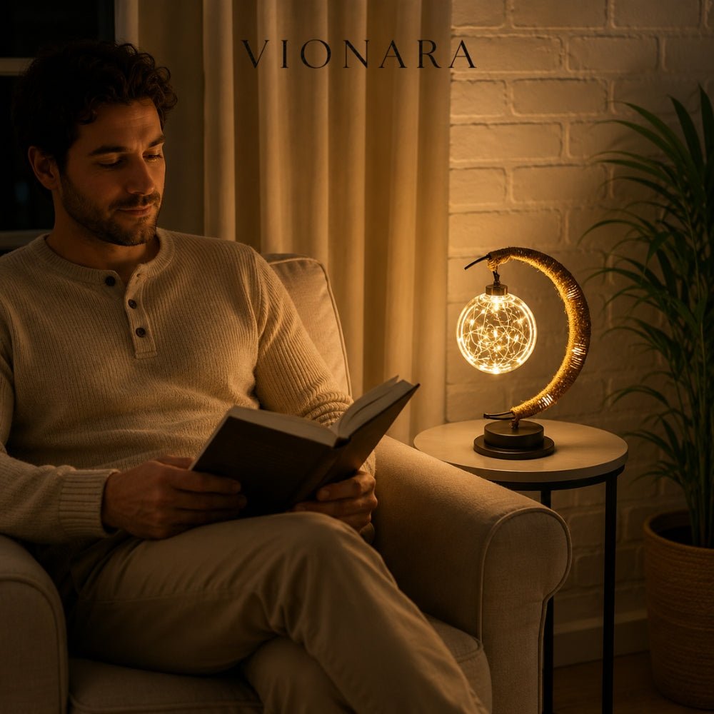 Vionara - Lampe d’ambiance LED sur socle lunaire en métal et corde tressée | Vionara