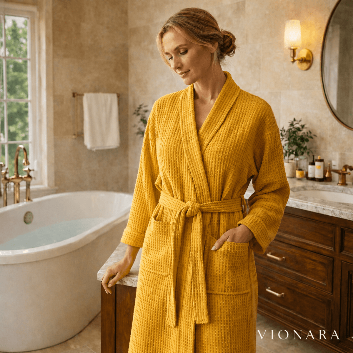 Vionara - Peignoir en coton gaufré à col en V | Vionara
