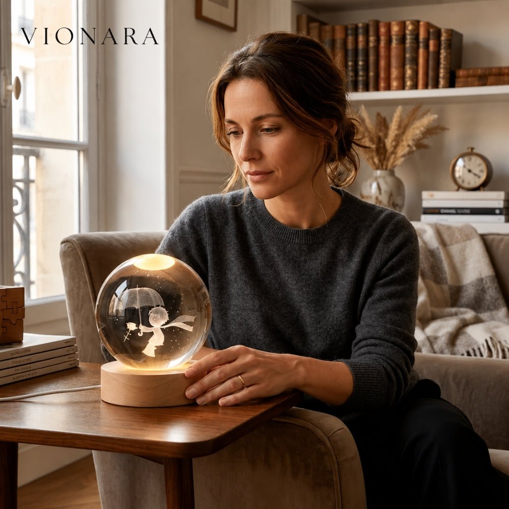 Vionara - Boule lumineuse gravée en verre sur socle en bois | Vionara