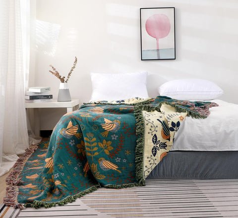 Vionara - Plaid décoratif en coton gaufré à motifs floraux et oiseaux | Vionara