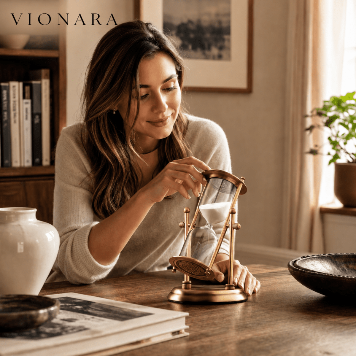 Vionara - Sablier décoratif en laiton antique et sable violet | Vionara