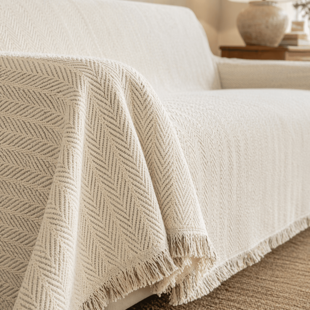 Vionara - Housse de canapé chenille chevron à franges | Vionara