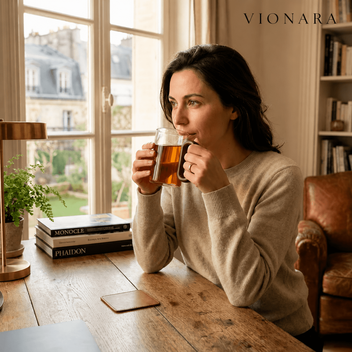 Vionara - Mug en verre borosilicate avec anse en bois naturel | Vionara