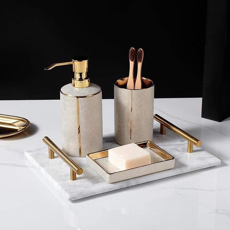 Vionara - Ensemble accessoires salle de bain céramique bords dorés | Vionara