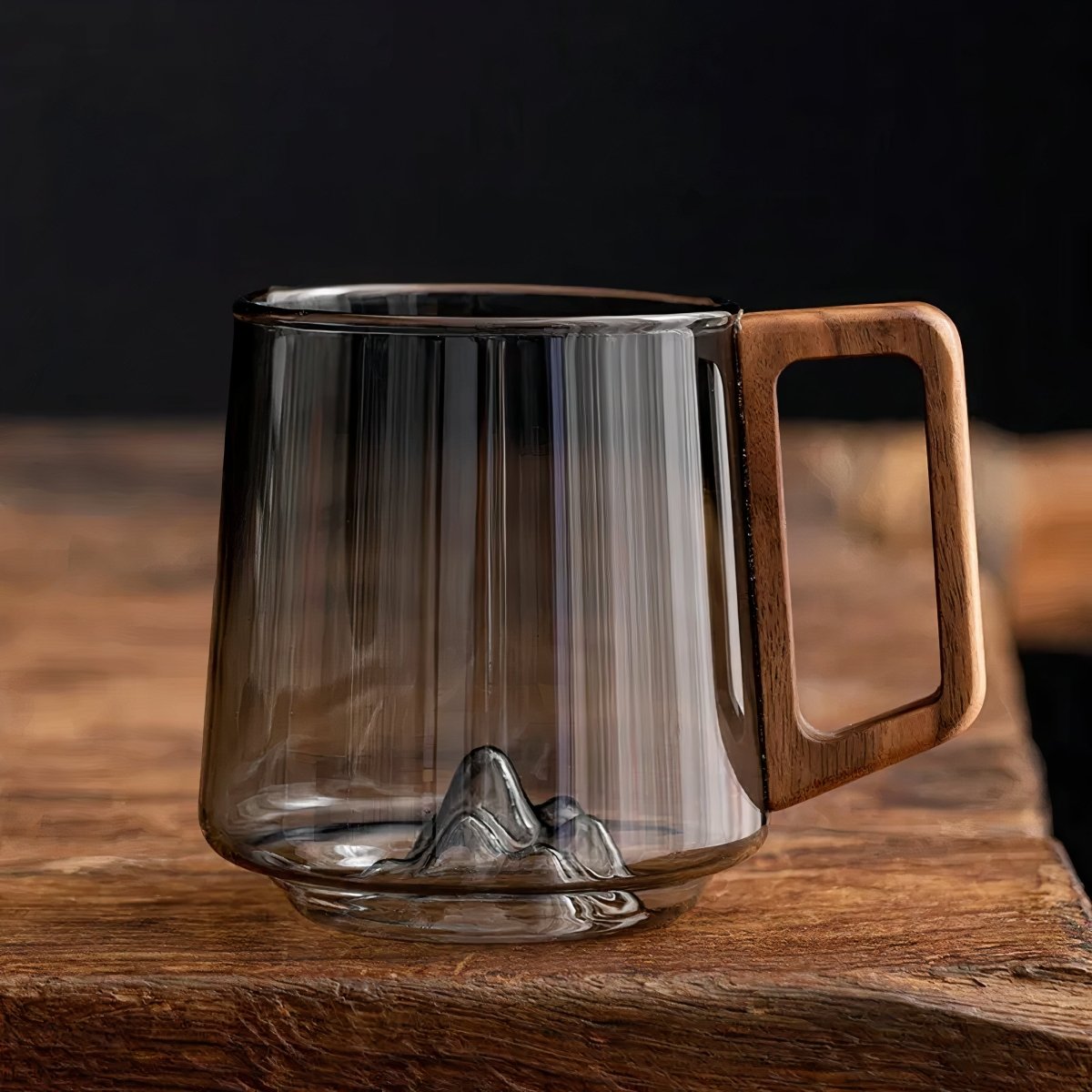 Vionara - Tasses à café inclinées en verre fumé avec poignée en noyer