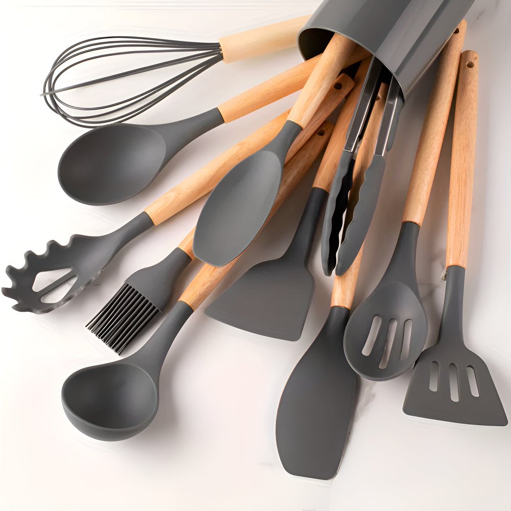 Vionara - Ensemble ustensiles cuisine 12 pièces en silicone et bambou | Vionara