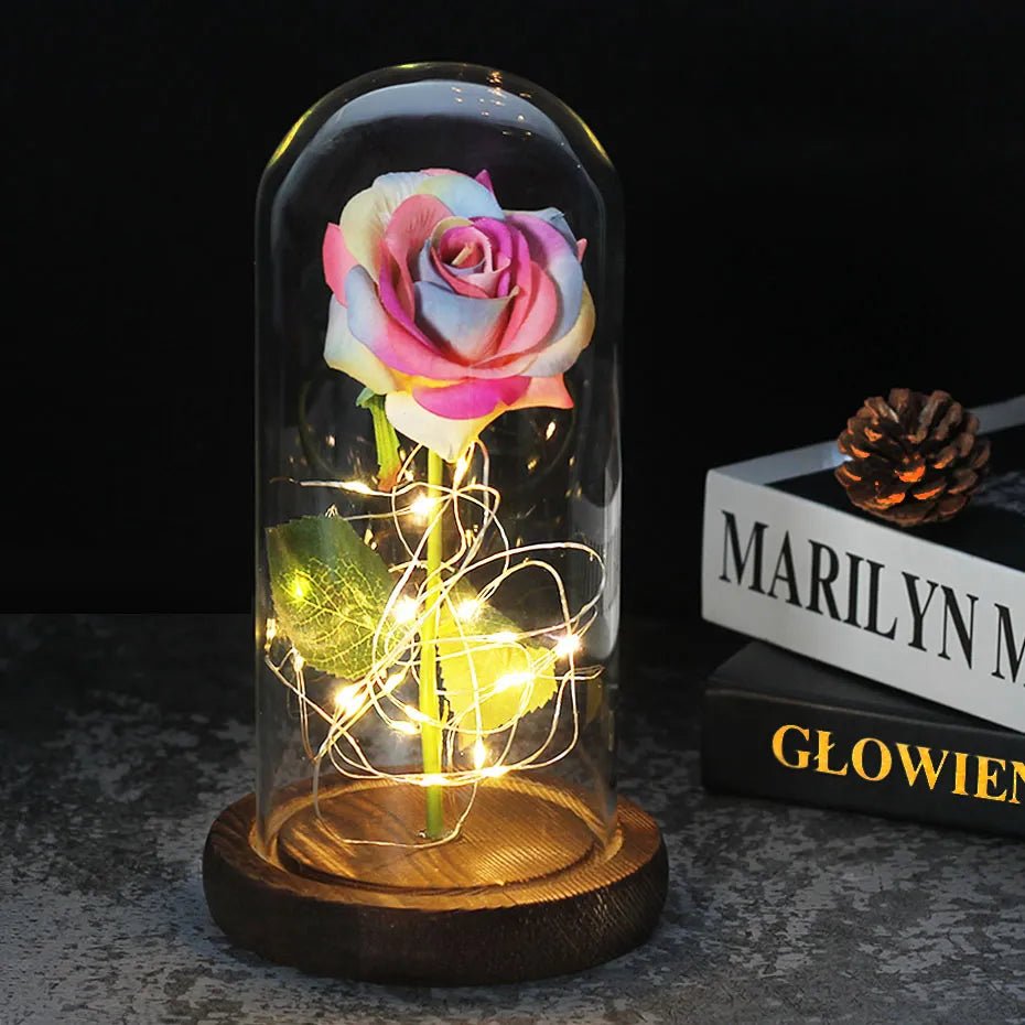 Vionara - Rose préservée sous cloche en verre avec éclairage LED | Vionara