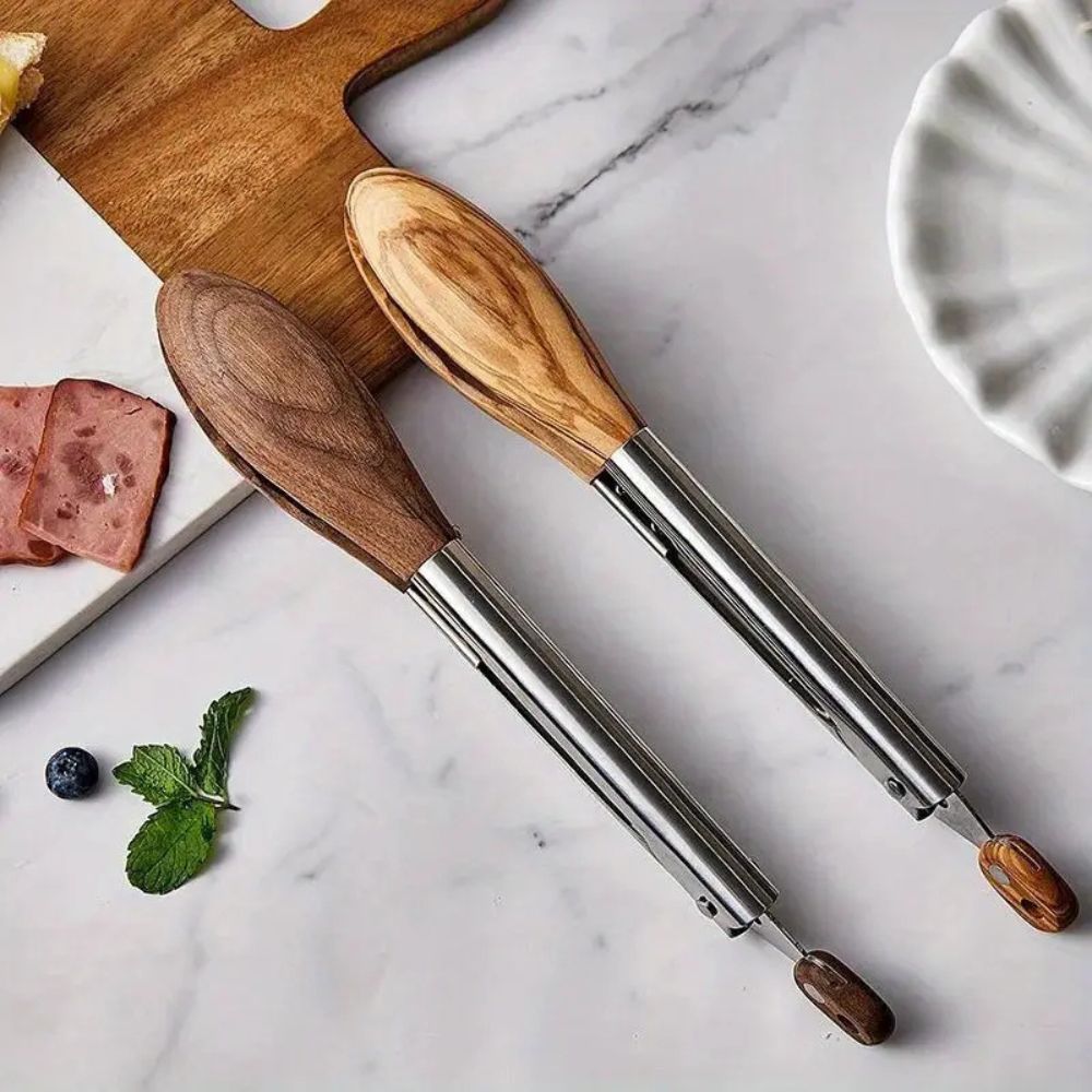 Vionara - Pinces de cuisine en acier inox et bois texturé, lot de 2 | Vionara
