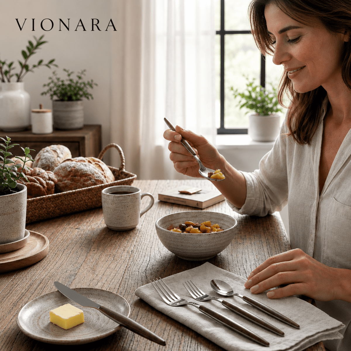Vionara - Ménagère en acier inoxydable brossé – Détails bois naturel | Vionara