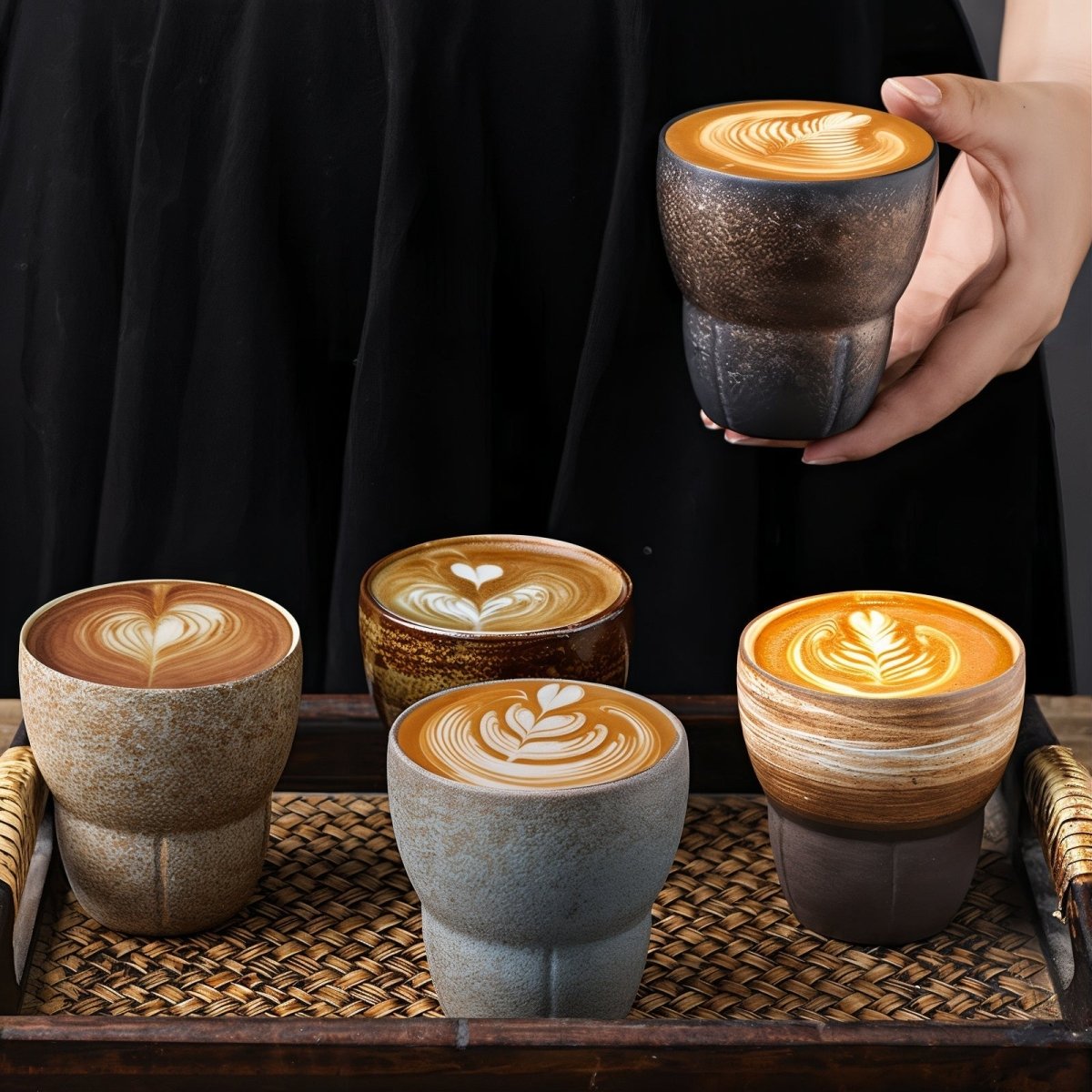 Vionara - Tasses à café obliques en céramique avec poignée en bois | Vionara