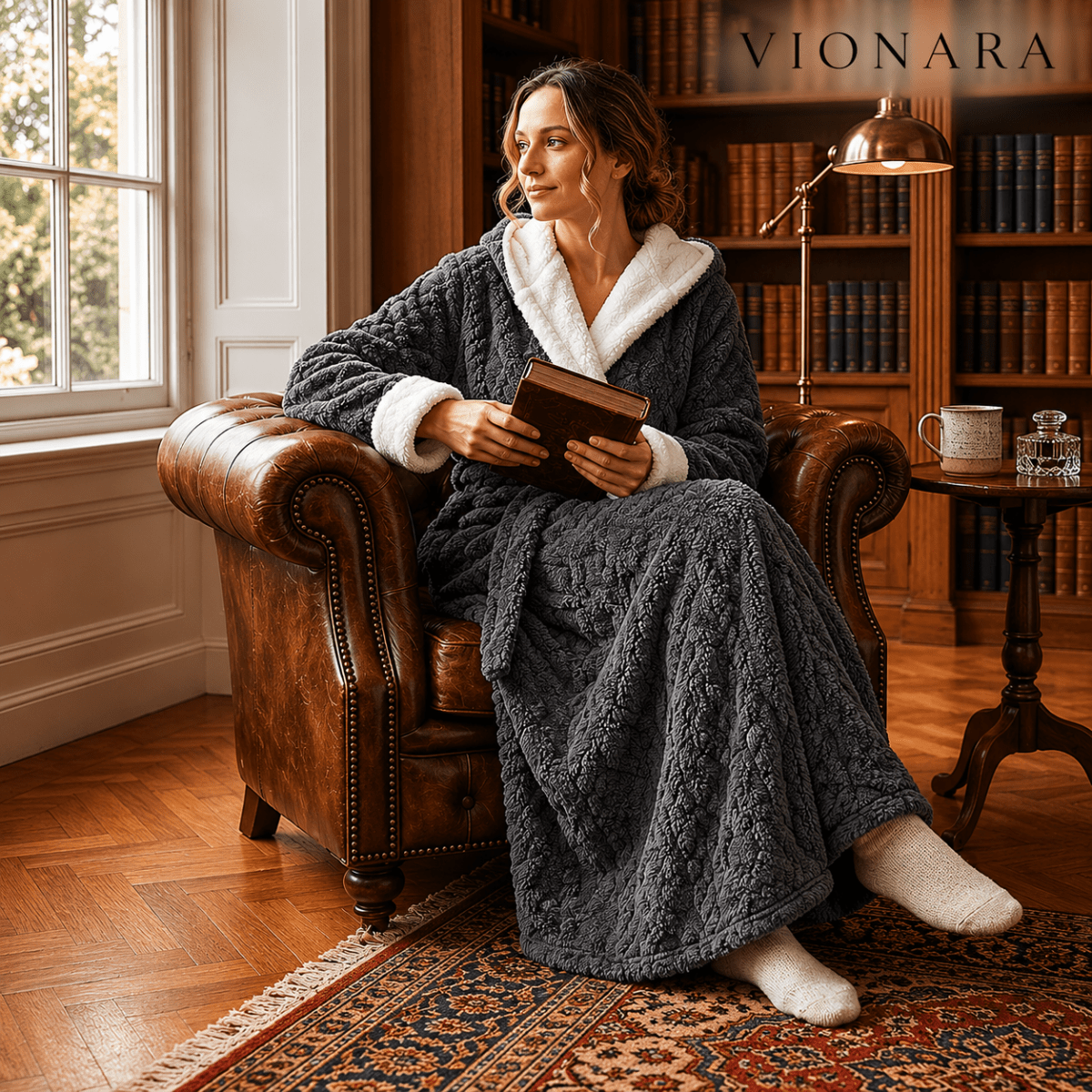 Vionara - Peignoir long en maille douce avec capuche et poches | Vionara