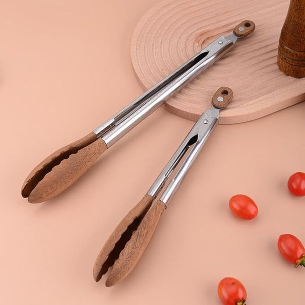 Vionara - Pinces de cuisine en acier inox et bois texturé, lot de 2 | Vionara