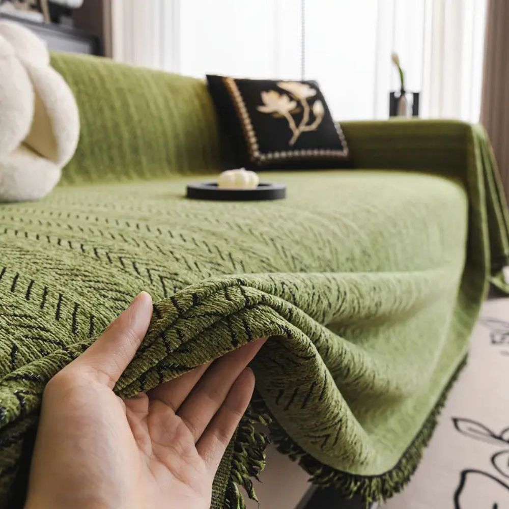Vionara - Housse de canapé chenille chevron à franges | Vionara