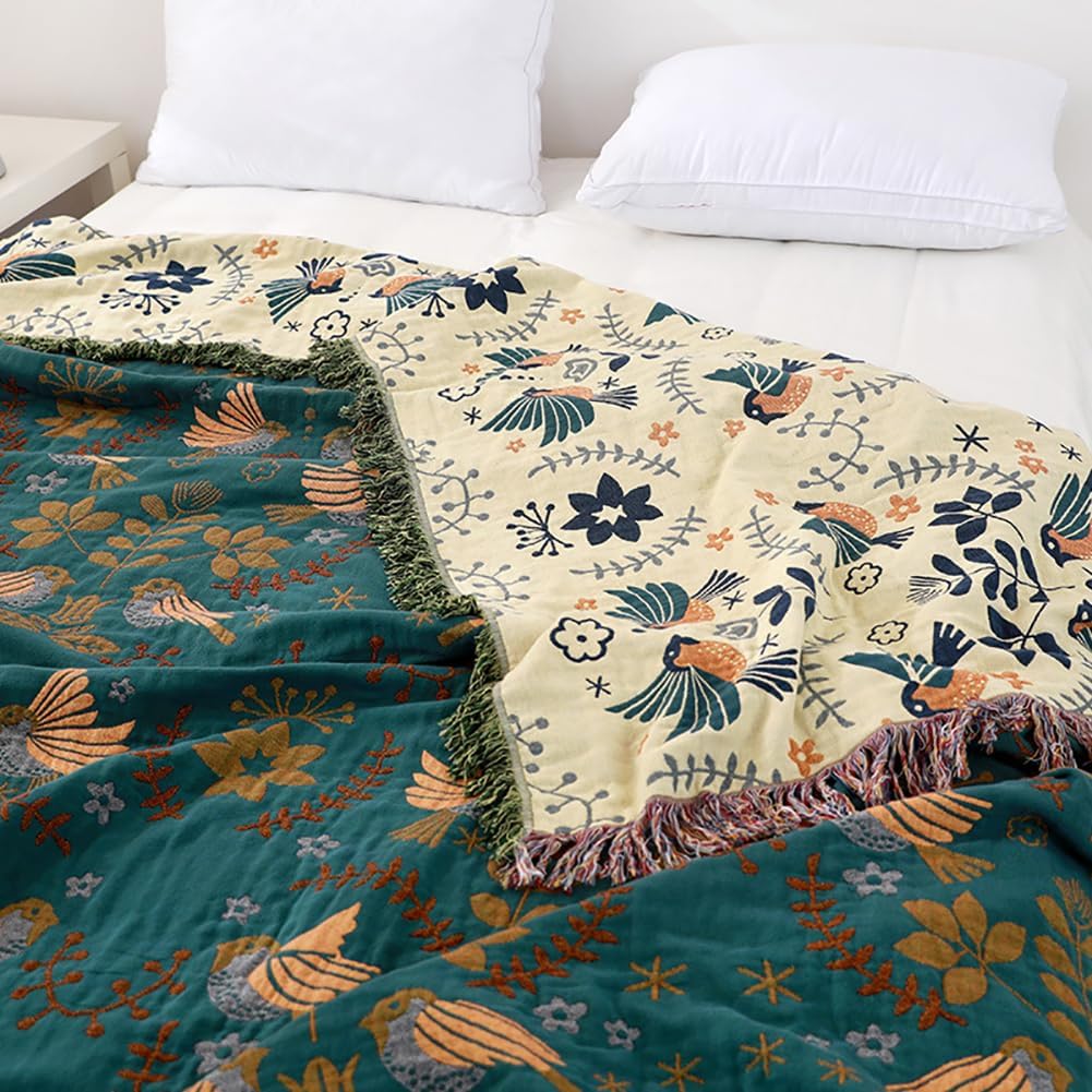 Vionara - Plaid décoratif en coton gaufré à motifs floraux et oiseaux | Vionara