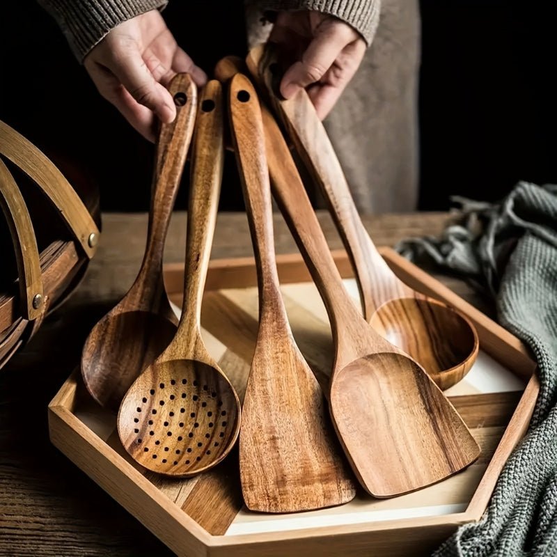 Vionara - Set d’ustensiles de cuisine en bois naturel (5 pièces) | Vionara