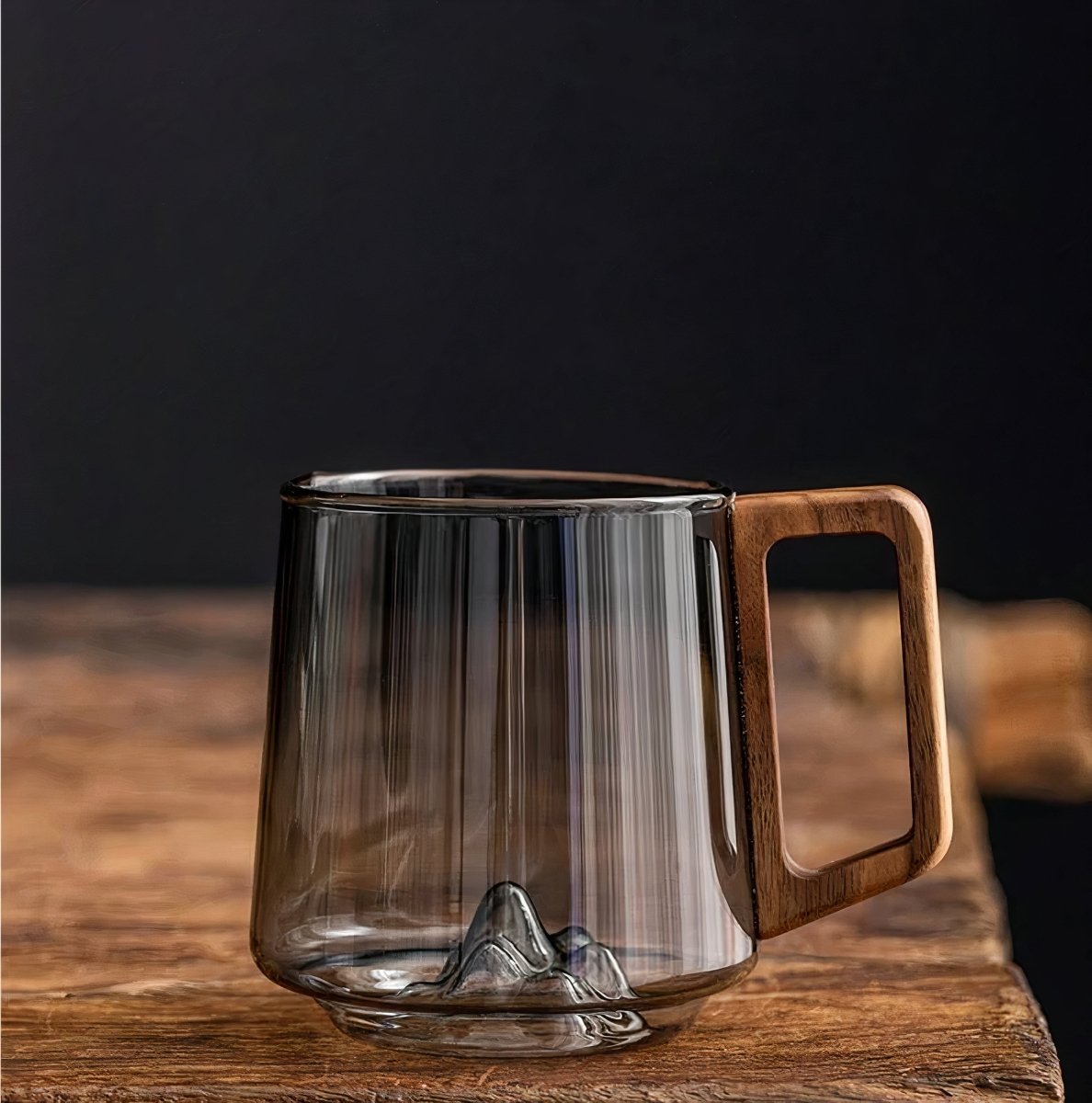 Vionara - Tasses à café inclinées en verre fumé avec poignée en noyer