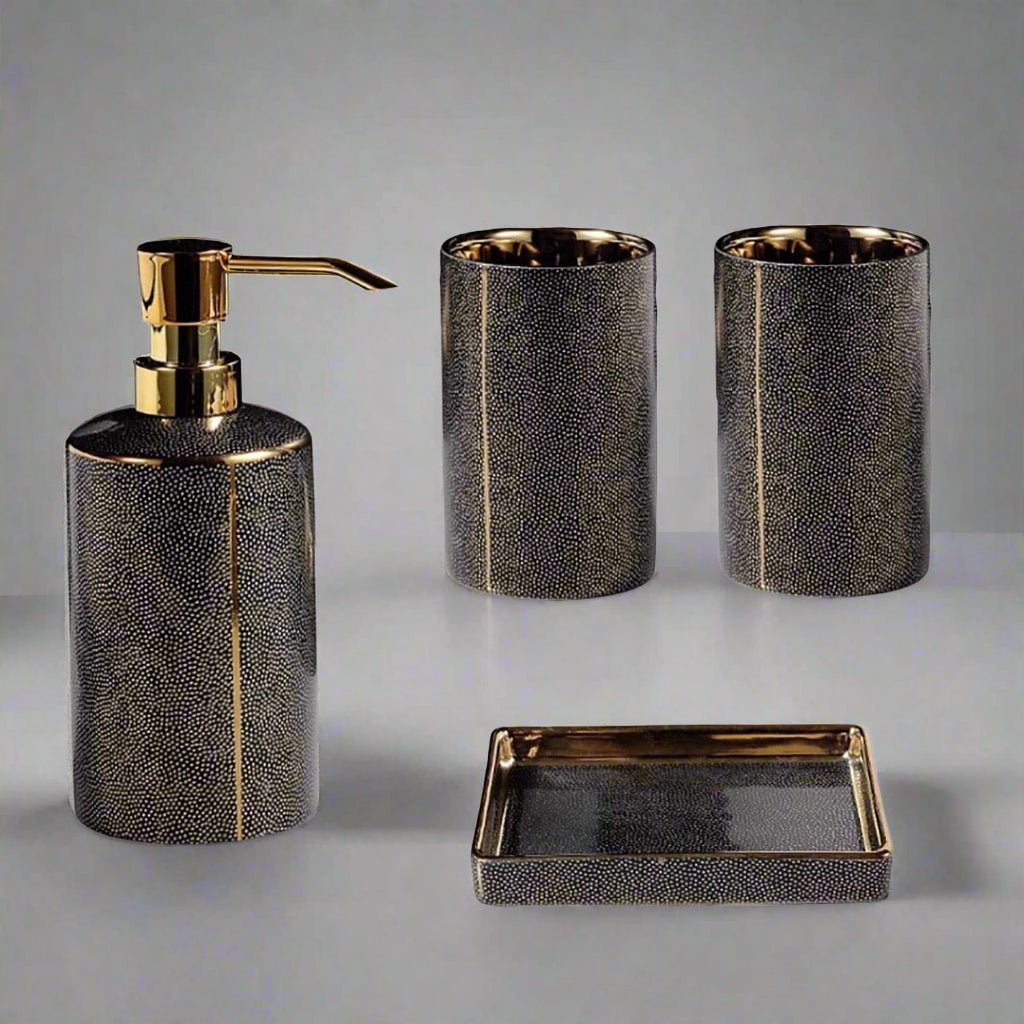 Vionara - Ensemble accessoires salle de bain céramique bords dorés | Vionara
