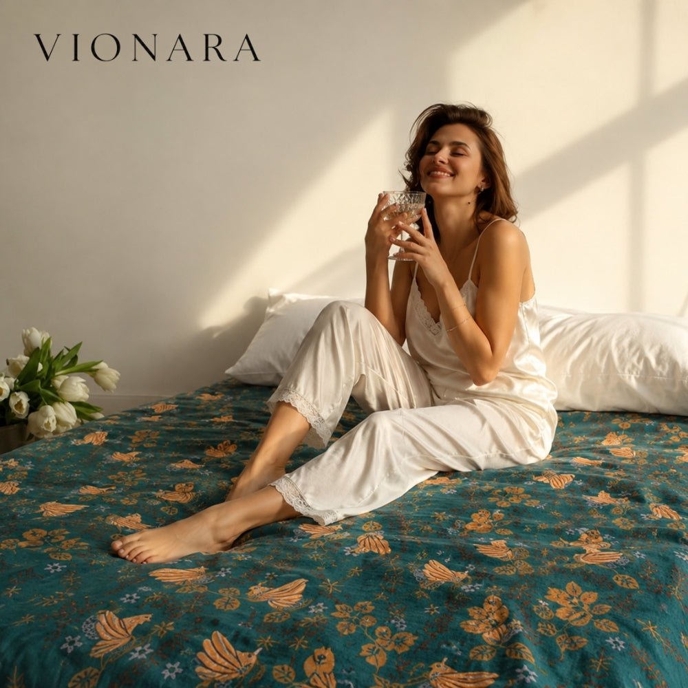 Vionara - Plaid décoratif en coton gaufré à motifs floraux et oiseaux | Vionara