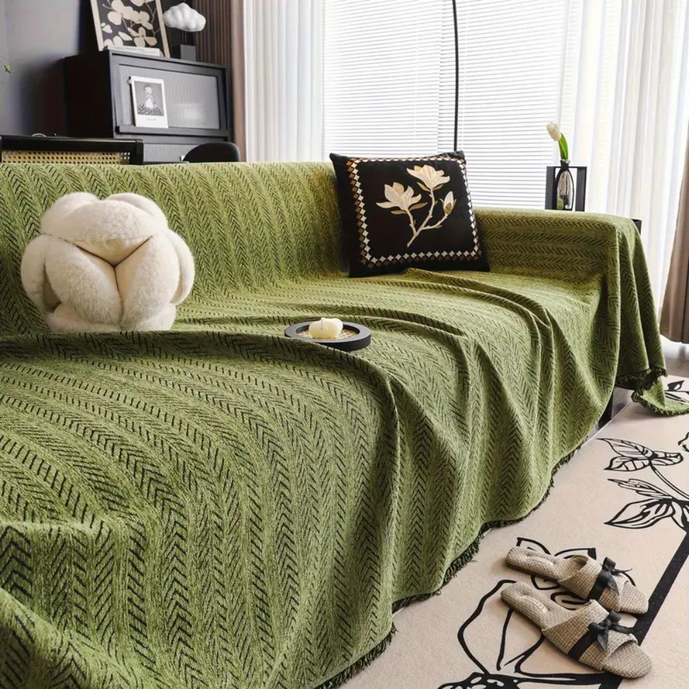 Vionara - Housse de canapé chenille chevron à franges | Vionara